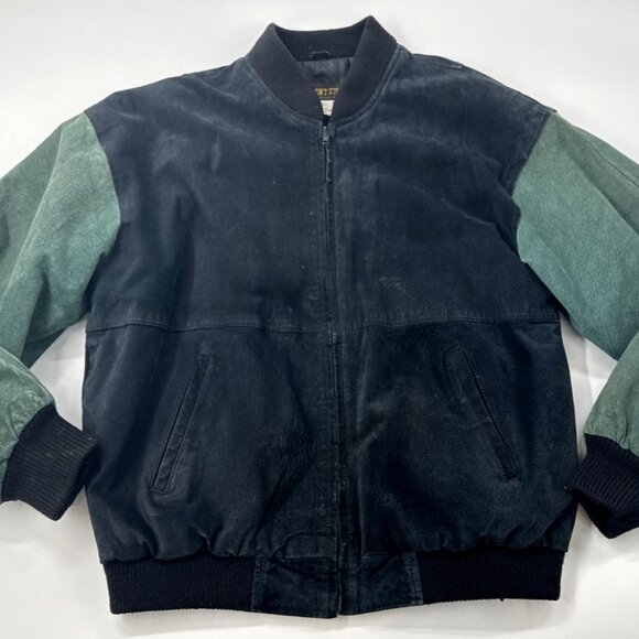 Vintage 90s Suede Leather Jacket Mens Large Bomber Pockets Zip Colorblock Retro - Picture 4 of 16